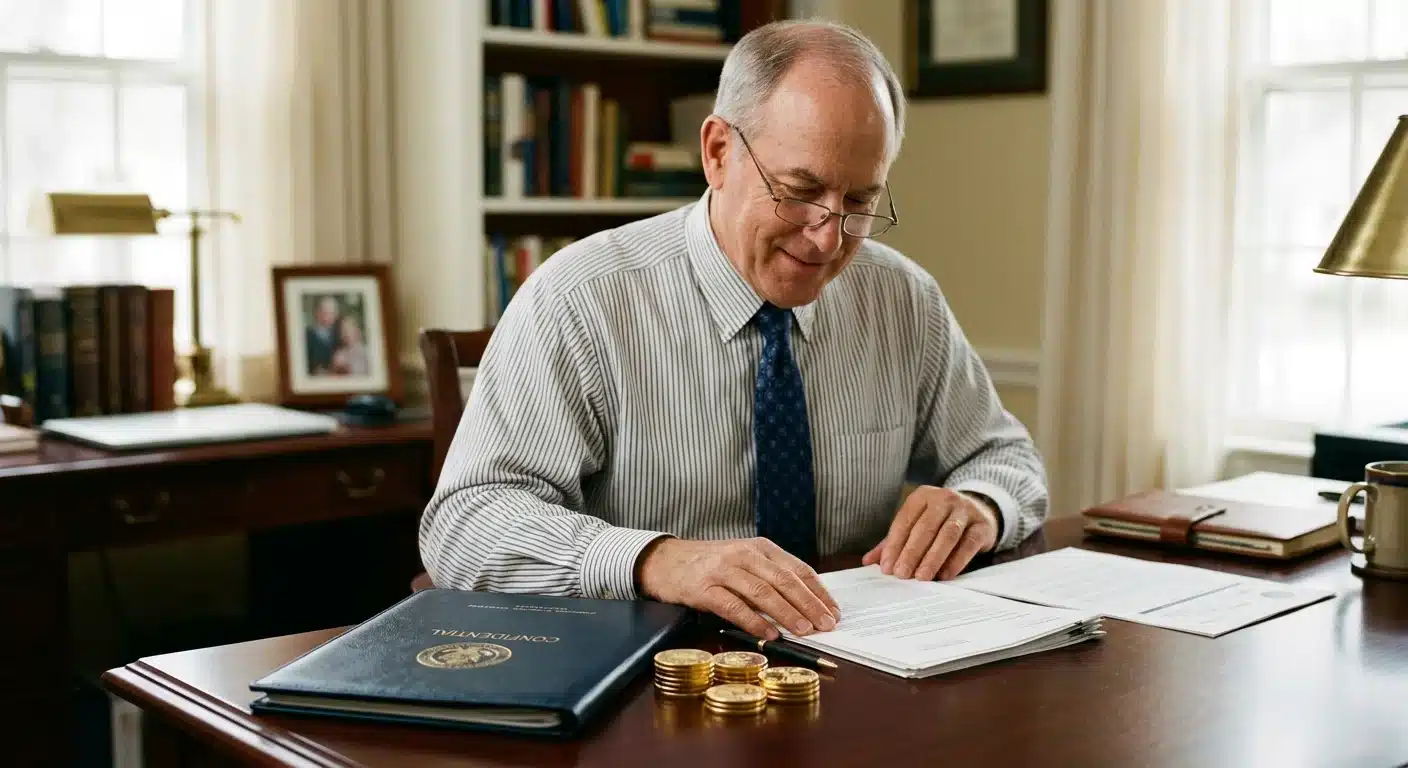 Retirement-aged man reviewing gold depository custody documents at home office