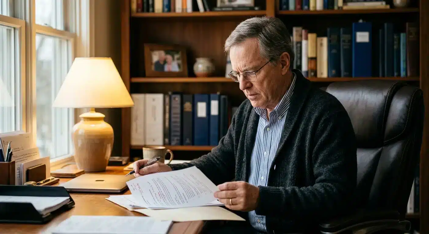 retirement-aged man reviewing offshore vs domestic gold storage documents at home