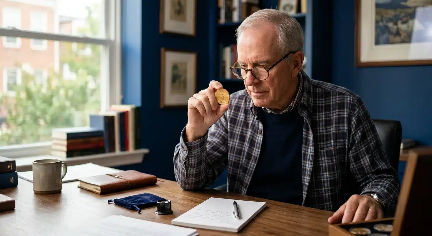 Retirement-aged man verifying physical gold coin chain of custody