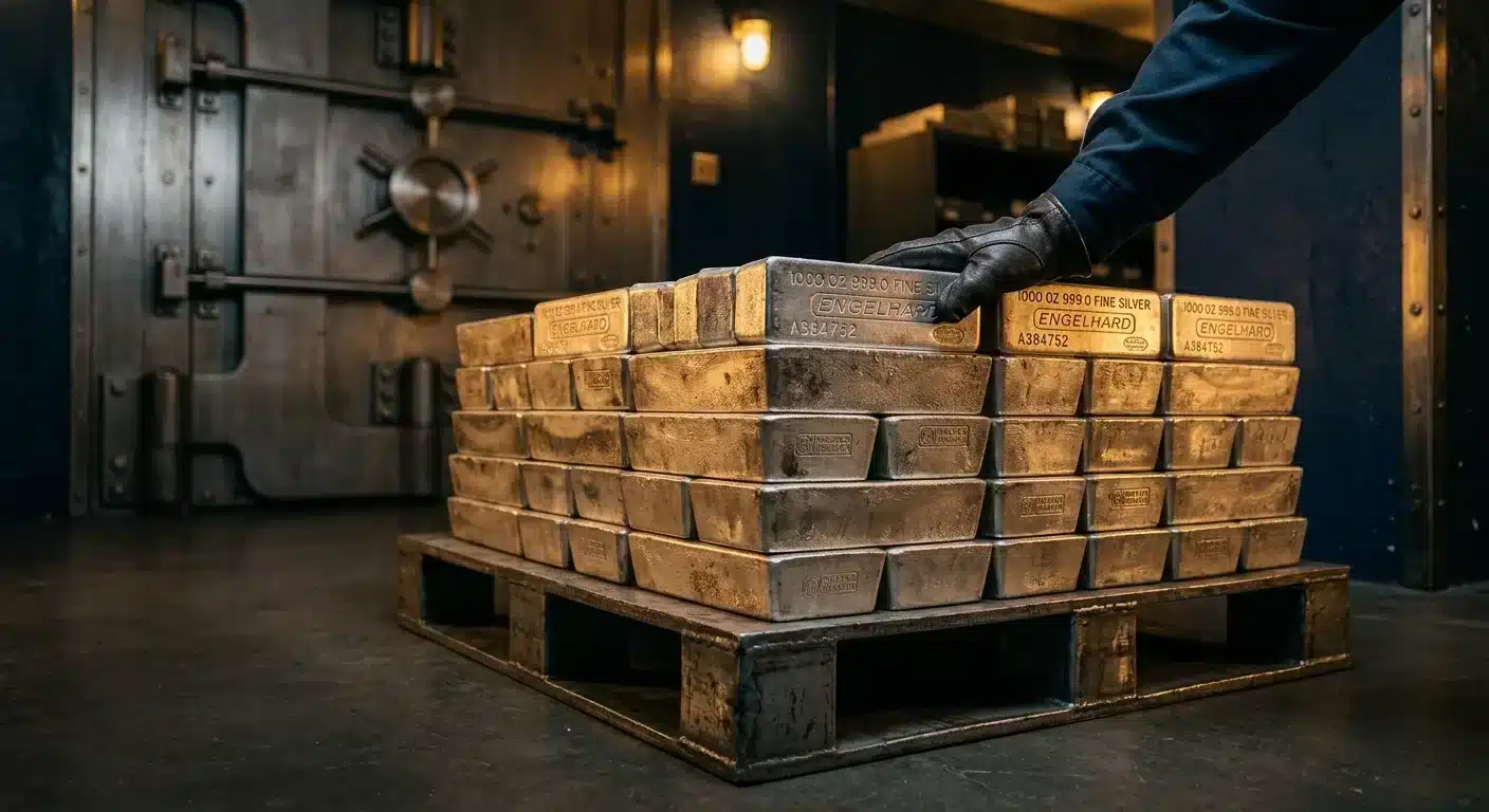 stacked 1000 ounce silver bars inside a secure IRS approved depository vault