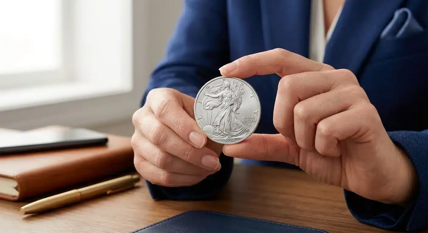 American Silver Eagle coin held by retirement-aged owner for IRA eligibility review