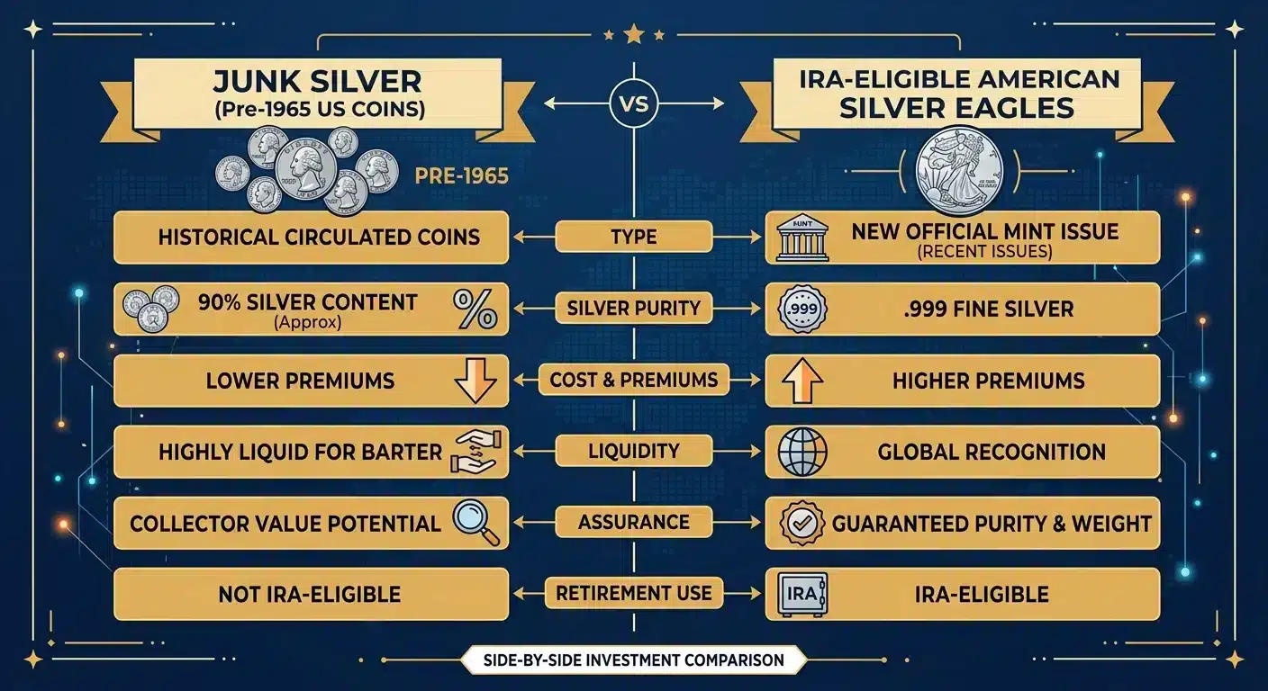 Junk silver versus IRA eligible American Silver Eagle comparison chart