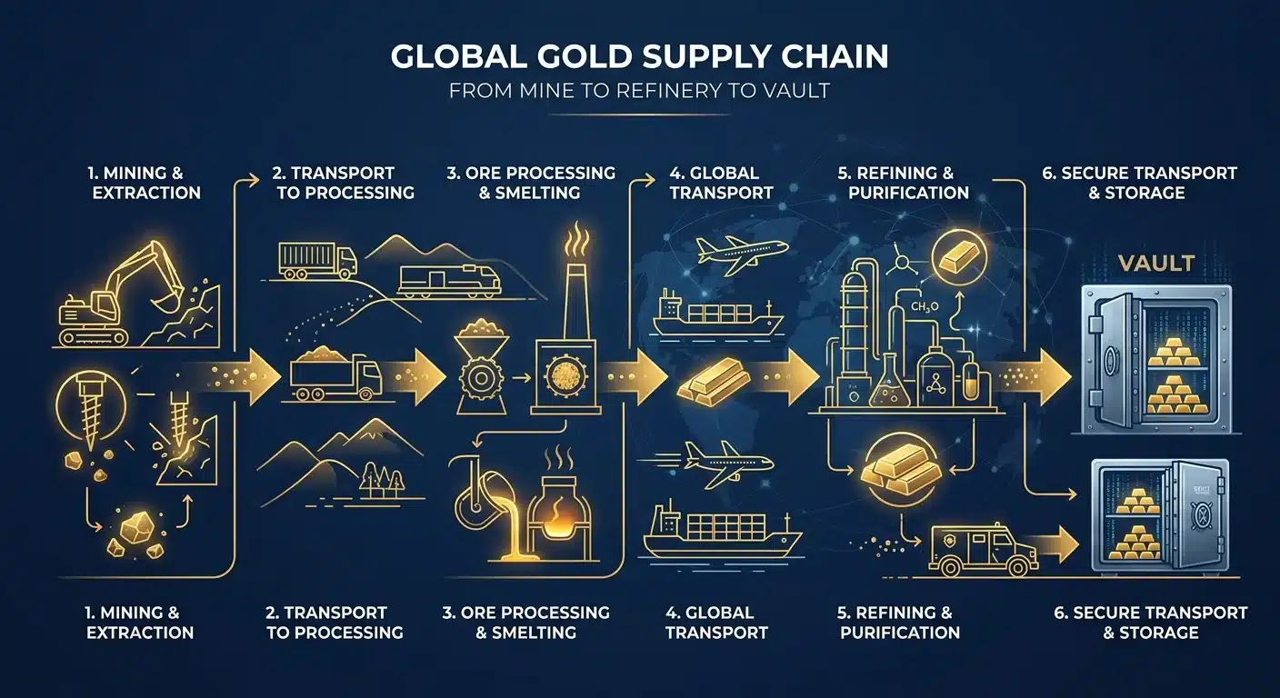 Gold supply chain custody stages from mine to vaulted storage
