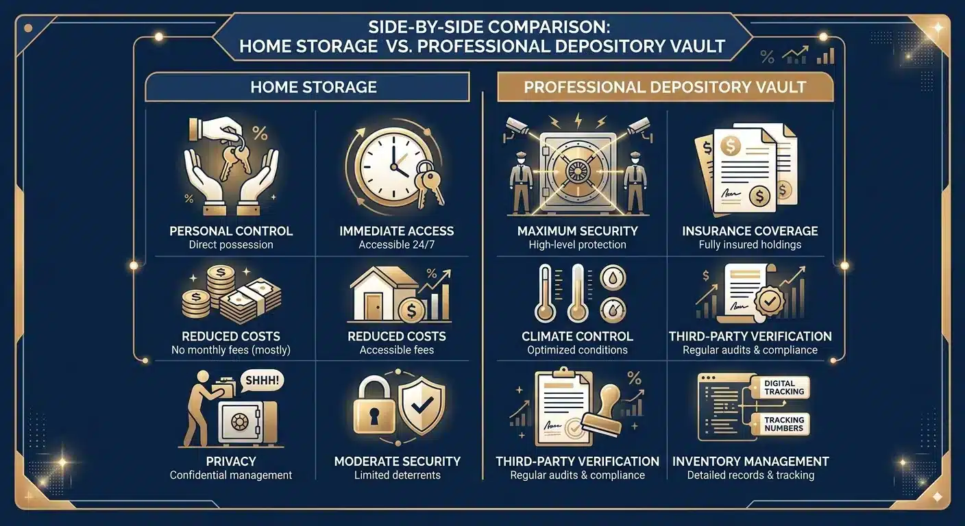 Home storage versus professional gold depository comparison chart