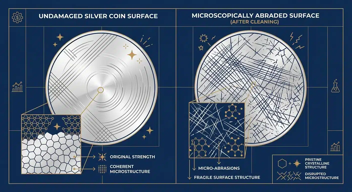 silver coin surface damage from cleaning under microscope comparison
