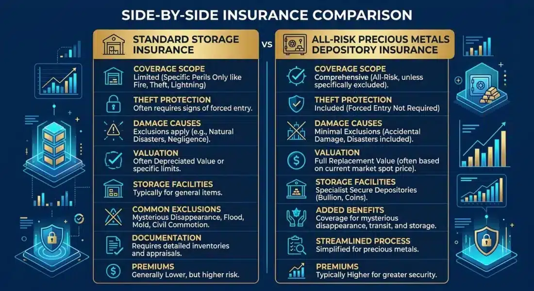 All-risk precious metals depository insurance compared to standard coverage
