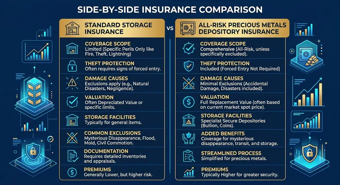 All-risk precious metals depository insurance compared to standard coverage