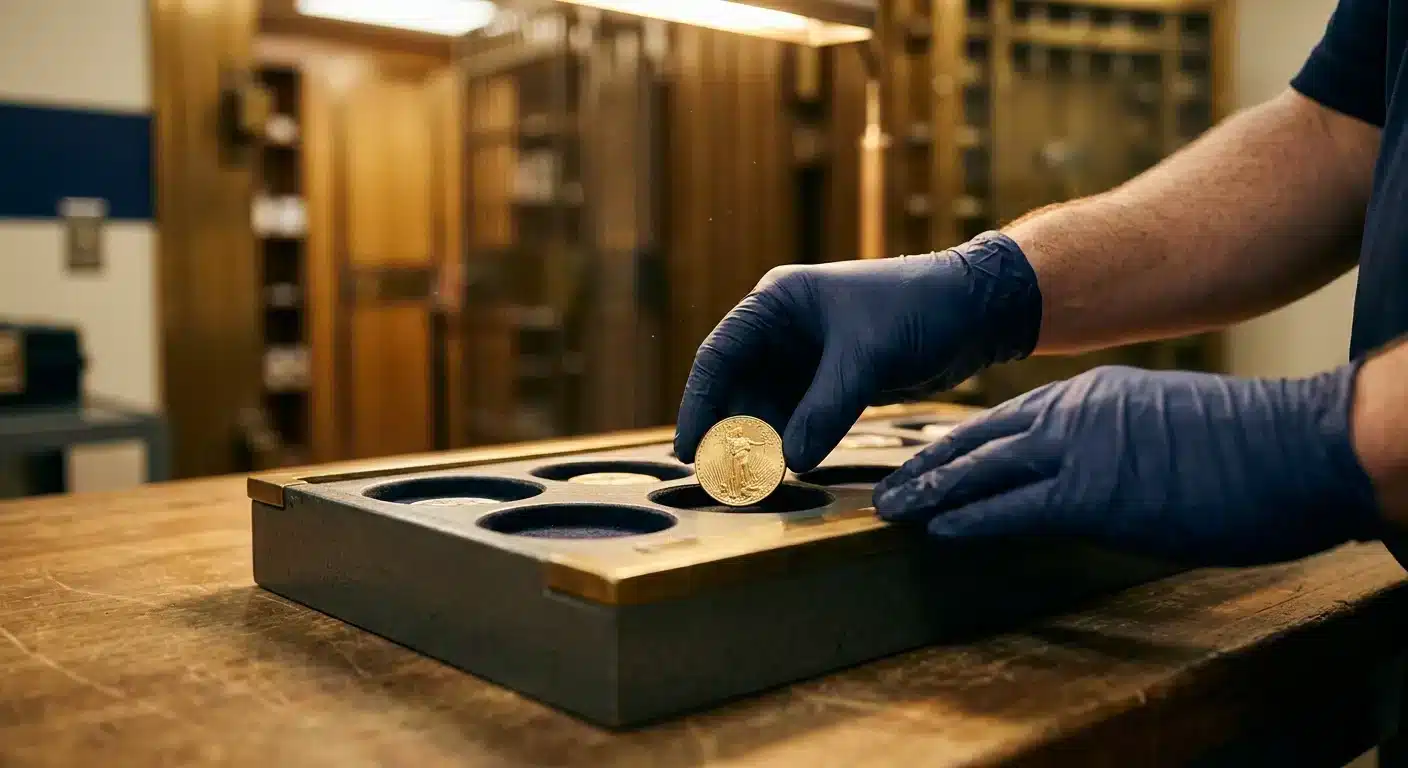 gold coin placed in domestic U.S. depository vault tray for IRA storage