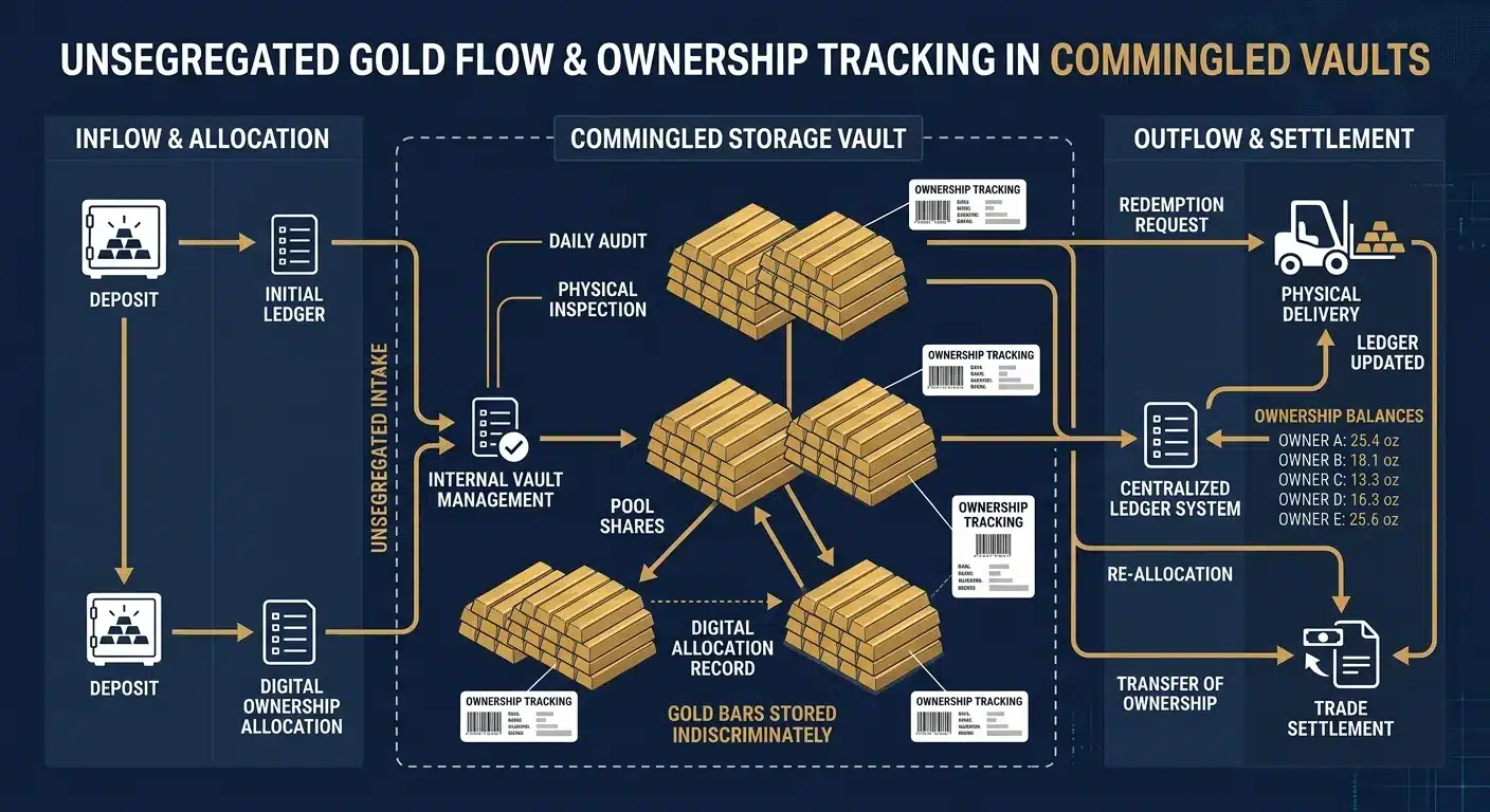 Non-segregated gold vault commingled storage ownership tracking diagram