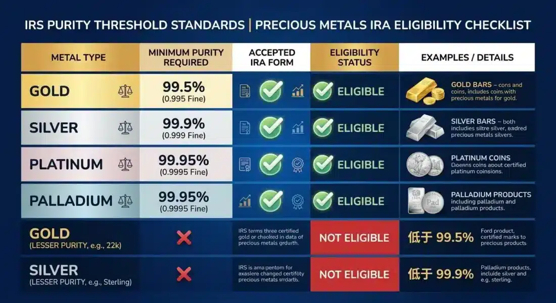 IRS purity standards compliance chart for silver IRA eligible products