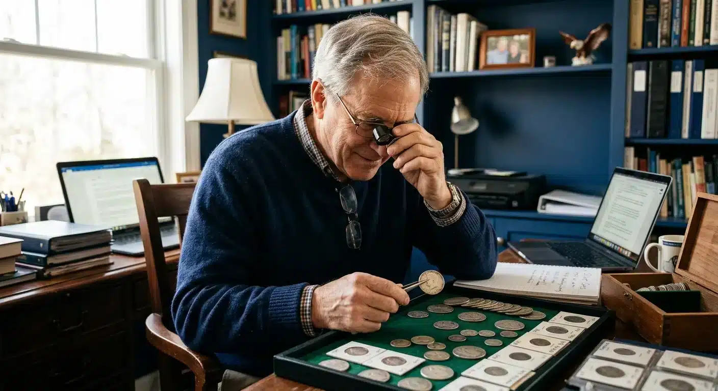 Retired American examining junk silver coins home safe crisis preparation