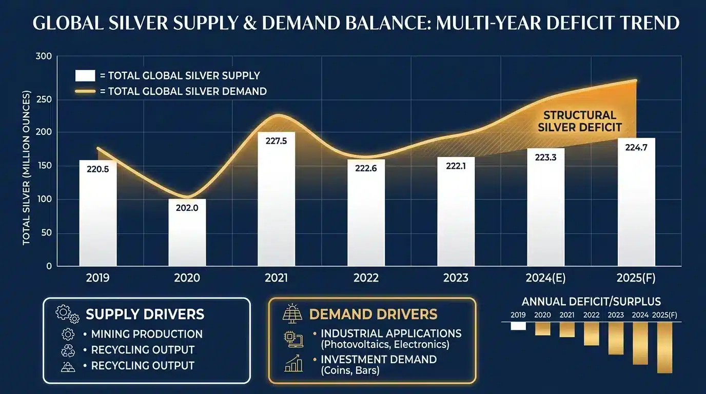 Silver supply versus demand deficit chart showing four consecutive years of shortfall