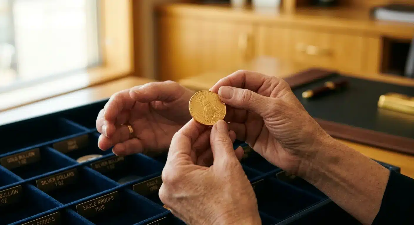Gold American Eagle coin held above segregated vault storage tray