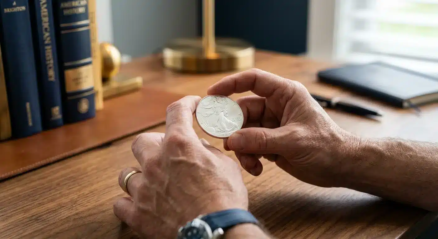 hands holding Silver American Eagle coin retirement IRA ownership