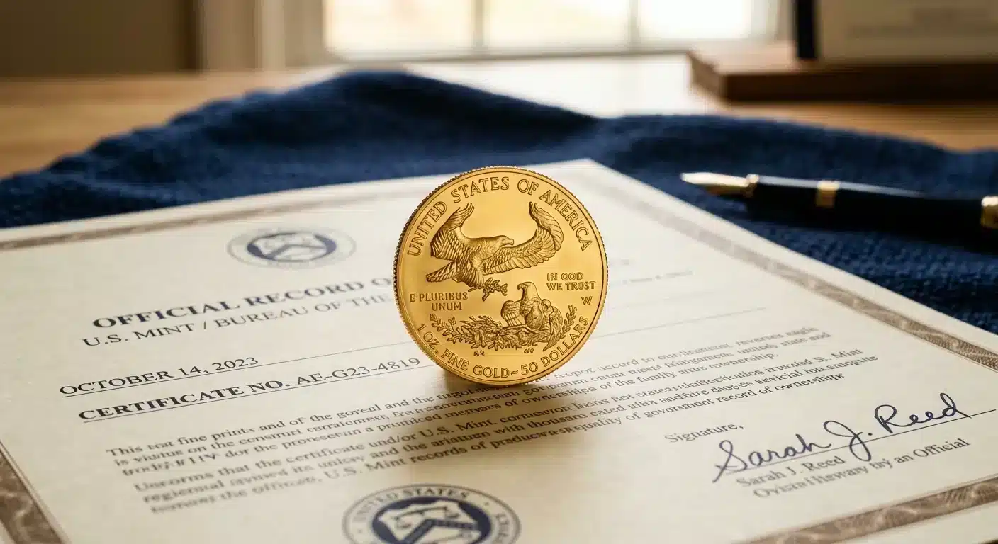 IRS-approved Gold American Eagle coin on regulatory compliance documents