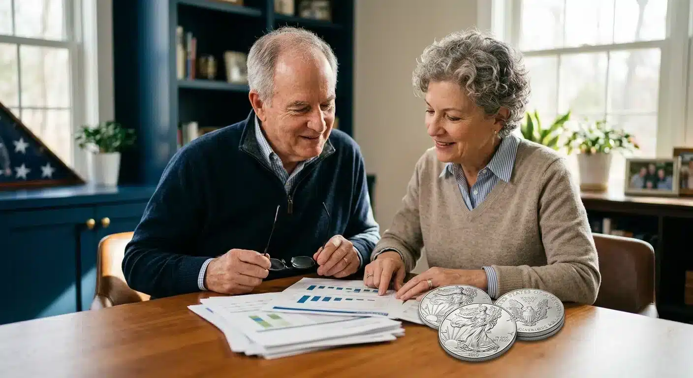 retirement couple reviewing silver accumulation strategy using ratio signal