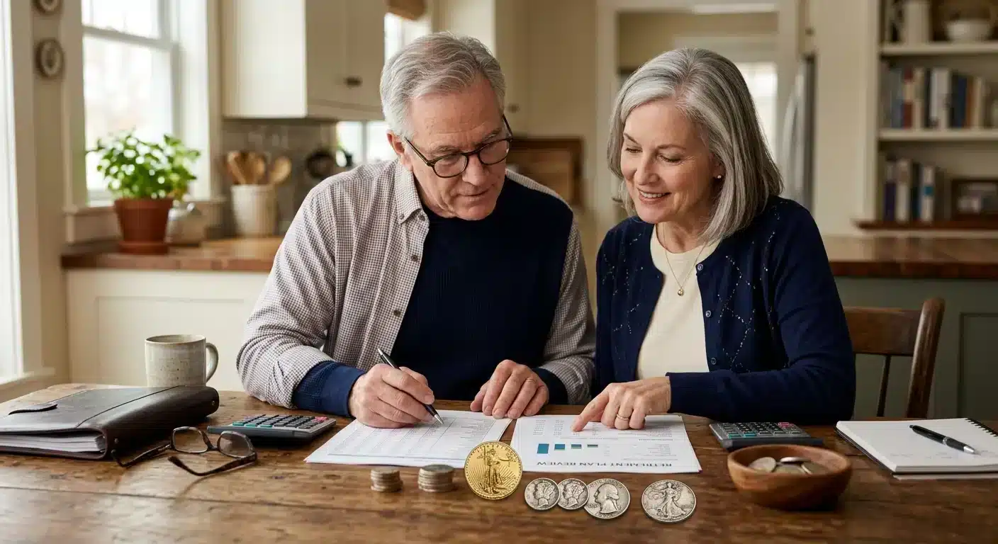 Retired couple comparing junk silver coins and American Silver Eagle IRA strategy