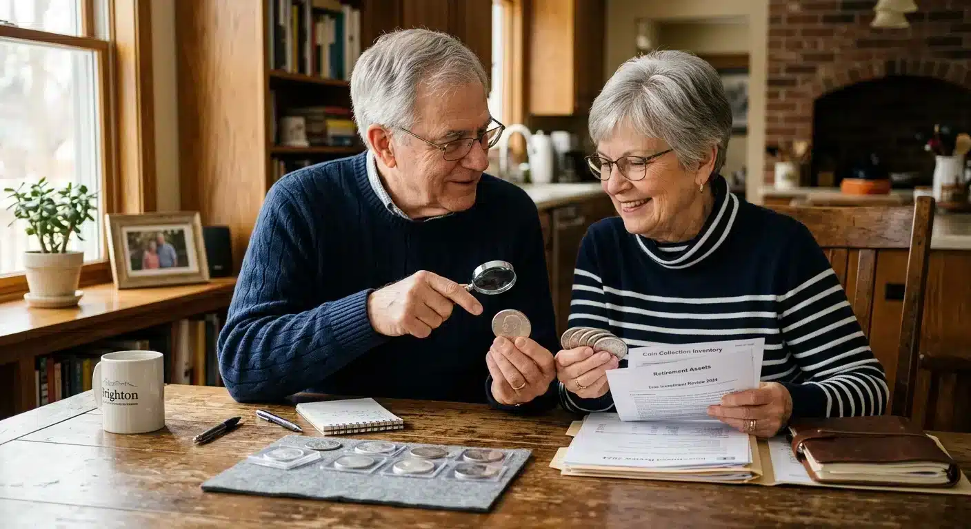 Retirement aged couple reviewing physical silver coins for wealth preservation planning