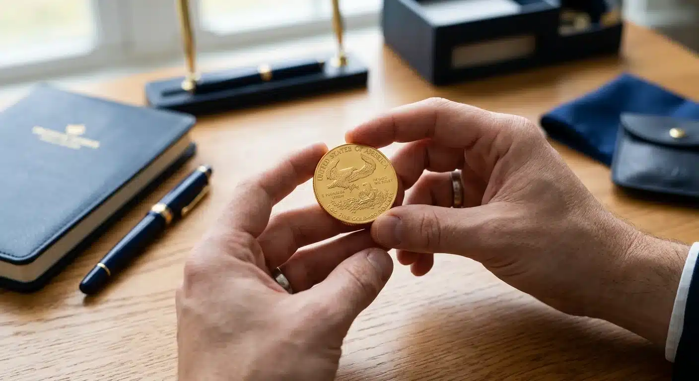 Owner holding Gold American Eagle coin retrieved from Brighton Gold vault