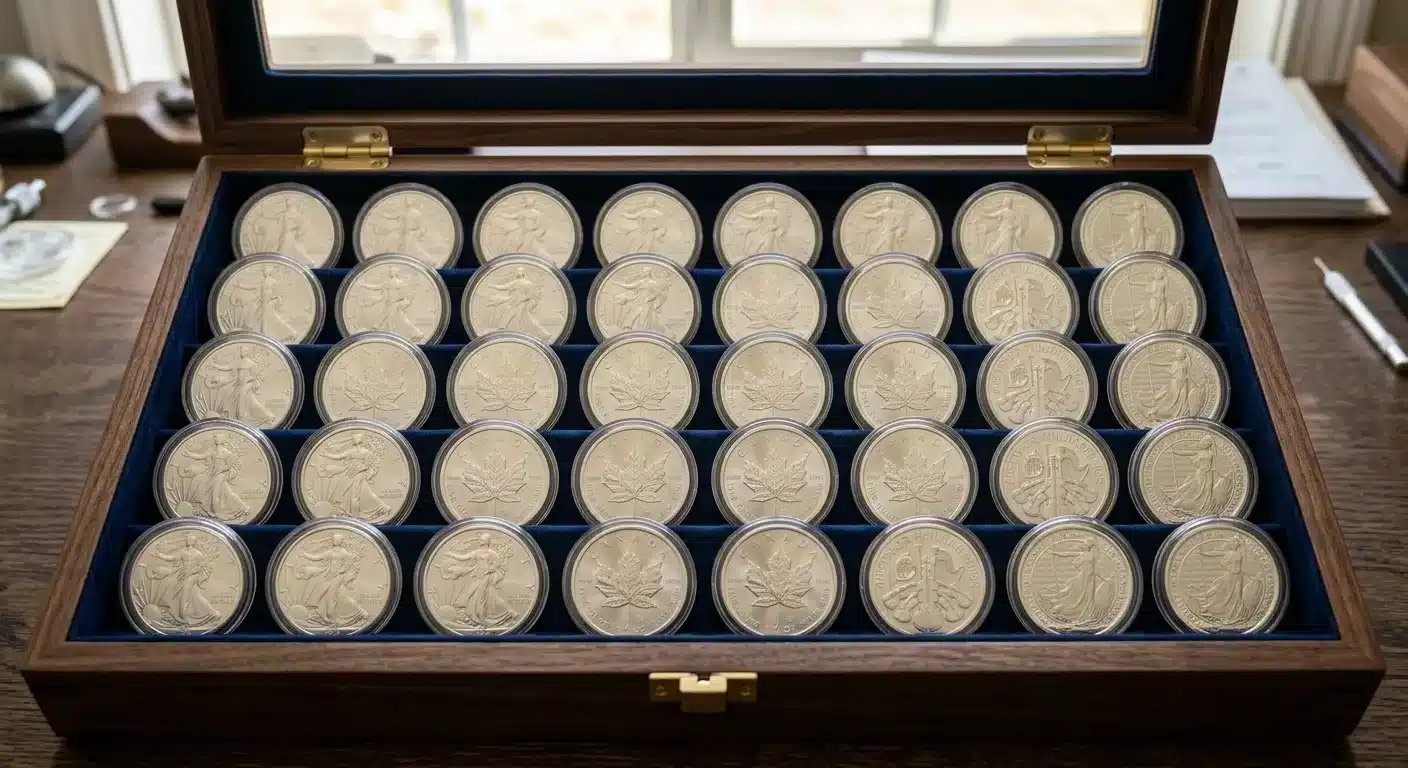 physical silver coins stored in PVC-free protective capsules