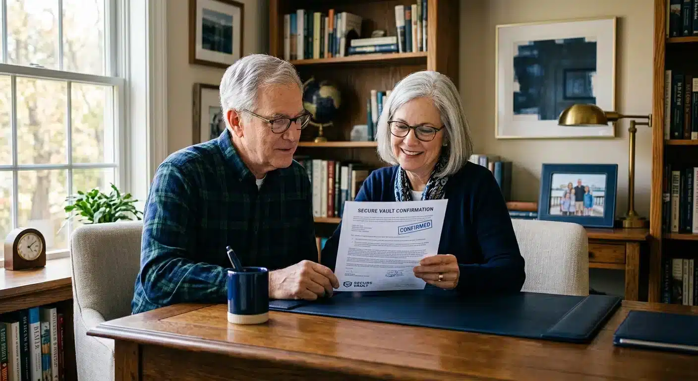retirement aged couple reviewing Brighton Gold concierge storage confirmation for silver IRA