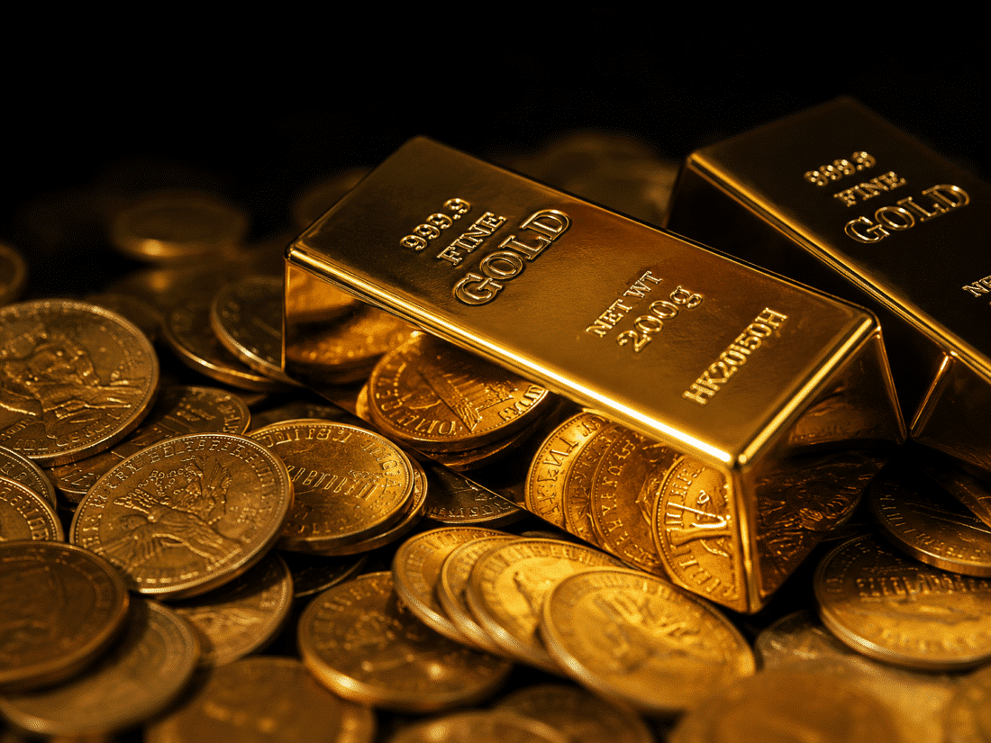 Gold bars resting on stacked coins, symbolizing the Fed impact on gold as investors react to weaker jobs data and shifting Federal Reserve expectations.