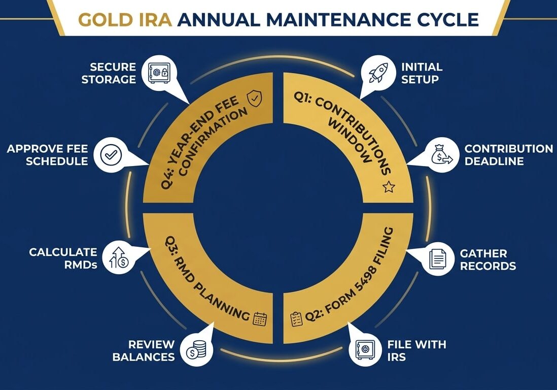 Annual gold IRA compliance cycle calendar showing quarterly maintenance milestones