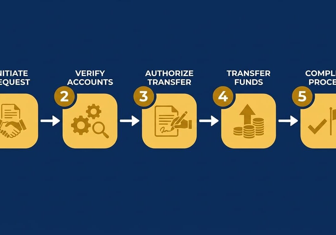 Five step Gold IRA transfer process flowchart from SDIRA application to metals in depository