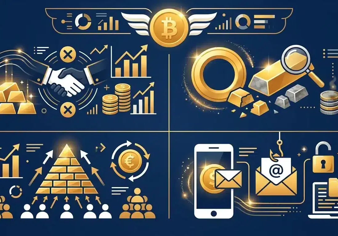 Four common types of gold scams illustrated in data visualization grid