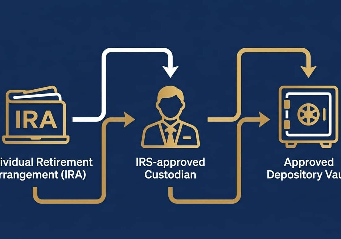 Gold IRA custodian chain diagram showing approved depository flow and IRS requirements