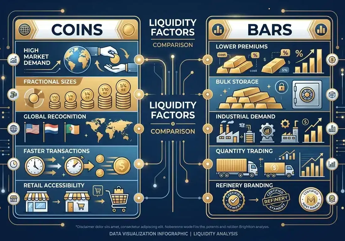 Liquidity comparison chart for gold coins versus gold bars
