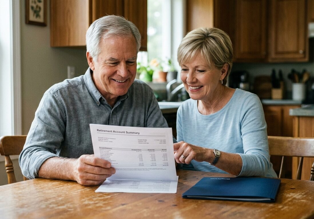 Retired couple reviewing no fee precious metals IRA account statement at home