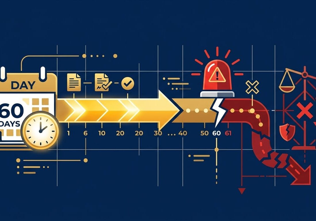 60-day indirect rollover deadline timeline showing penalty consequences for missed window