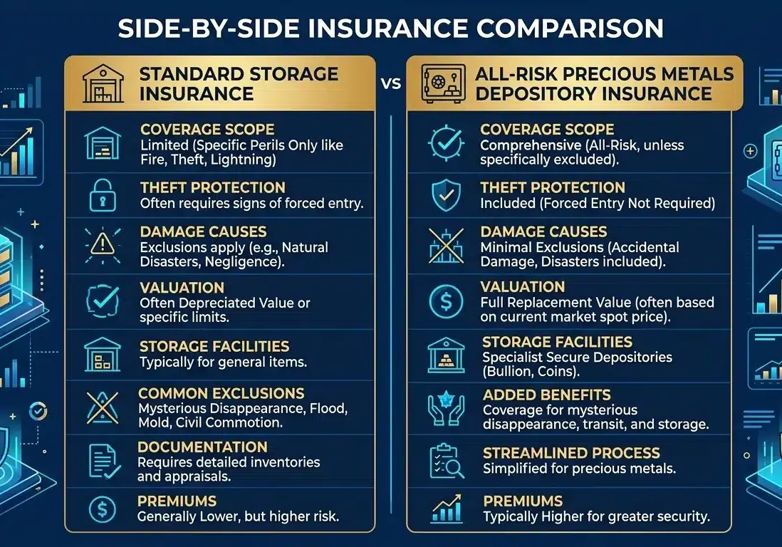 All-risk precious metals depository insurance compared to standard coverage