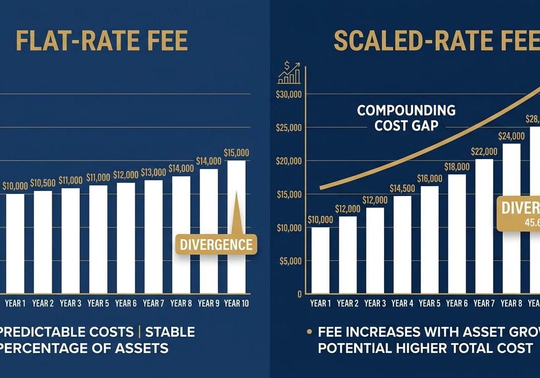 flat rate versus scaled rate gold IRA custodian fee comparison chart over ten year holding period