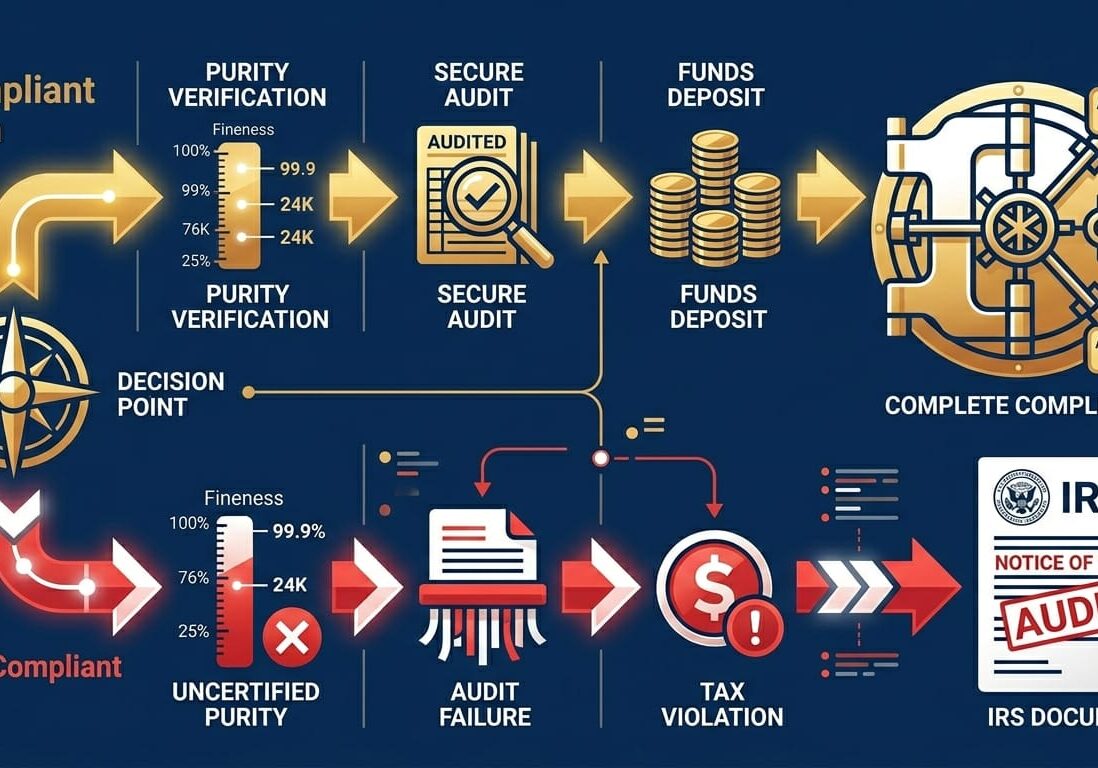 Compliant versus non-compliant gold IRA storage path diagram with consequences