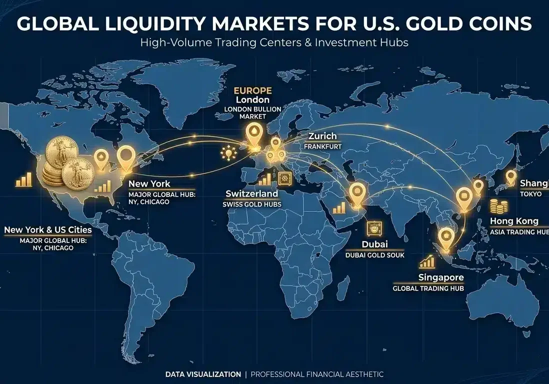 Global liquidity markets for US minted gold coins visualization
