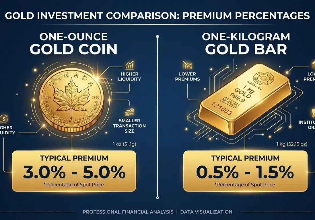 Gold coin compared to gold bar showing different premium percentages