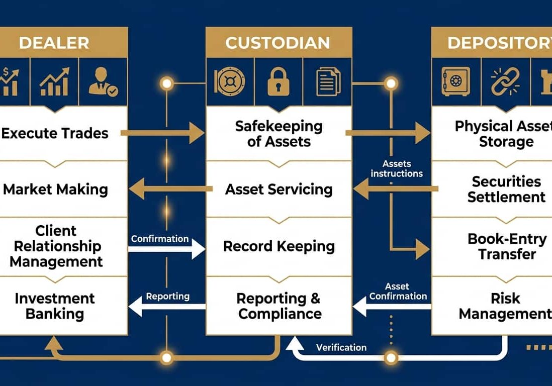 Three party structure diagram showing Gold IRA dealer custodian and depository roles