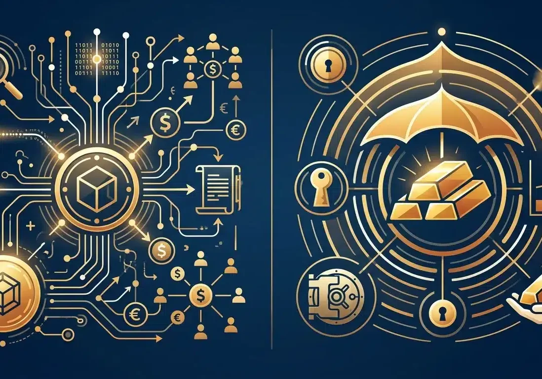 Visual comparison of digital currency surveillance versus physical gold privacy