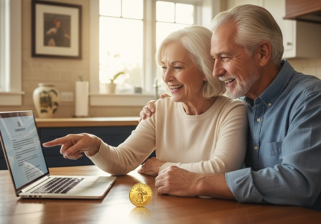 Couple reviewing gold IRA rollover confirmation documents at home