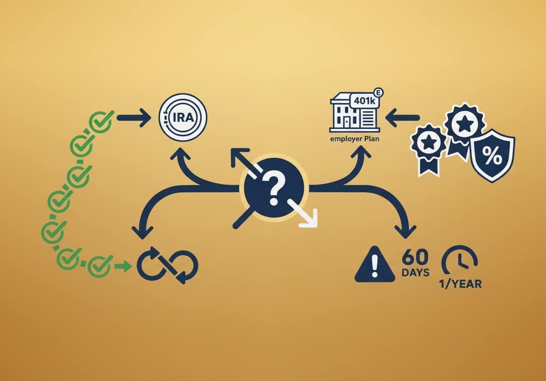 Decision tree diagram showing when to use direct transfer versus rollover for gold IRA funding