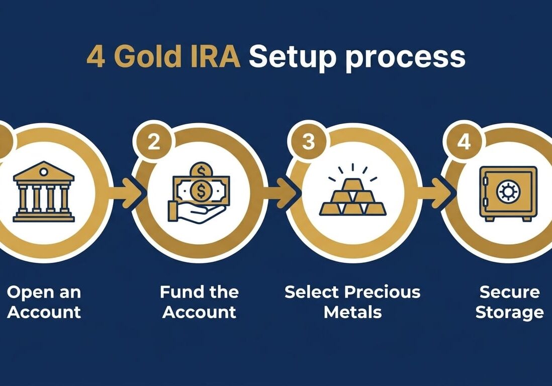 Four step Gold IRA setup process flowchart showing custodian selection funding metals purchase and depository storage