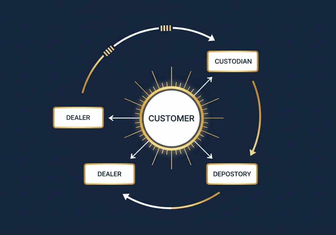 Gold IRA structure diagram showing separation between dealer custodian and depository