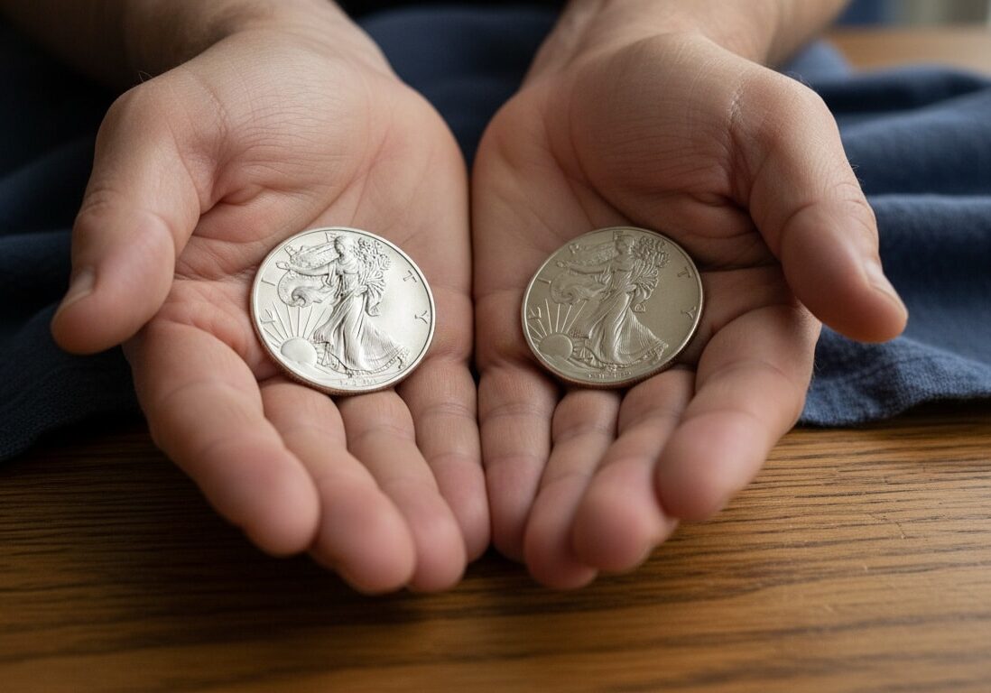Hands holding American Silver Eagle coins showing tangible precious metals ownership