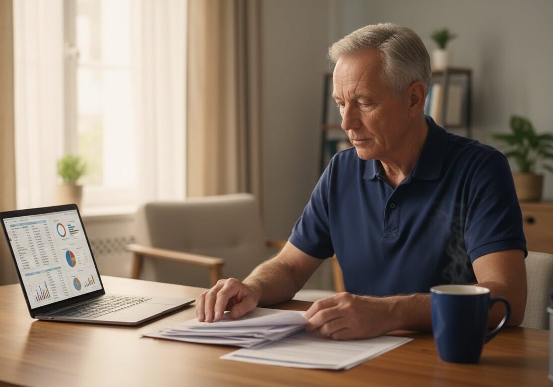 Retiree carefully reviewing gold IRA dealer documents at home office