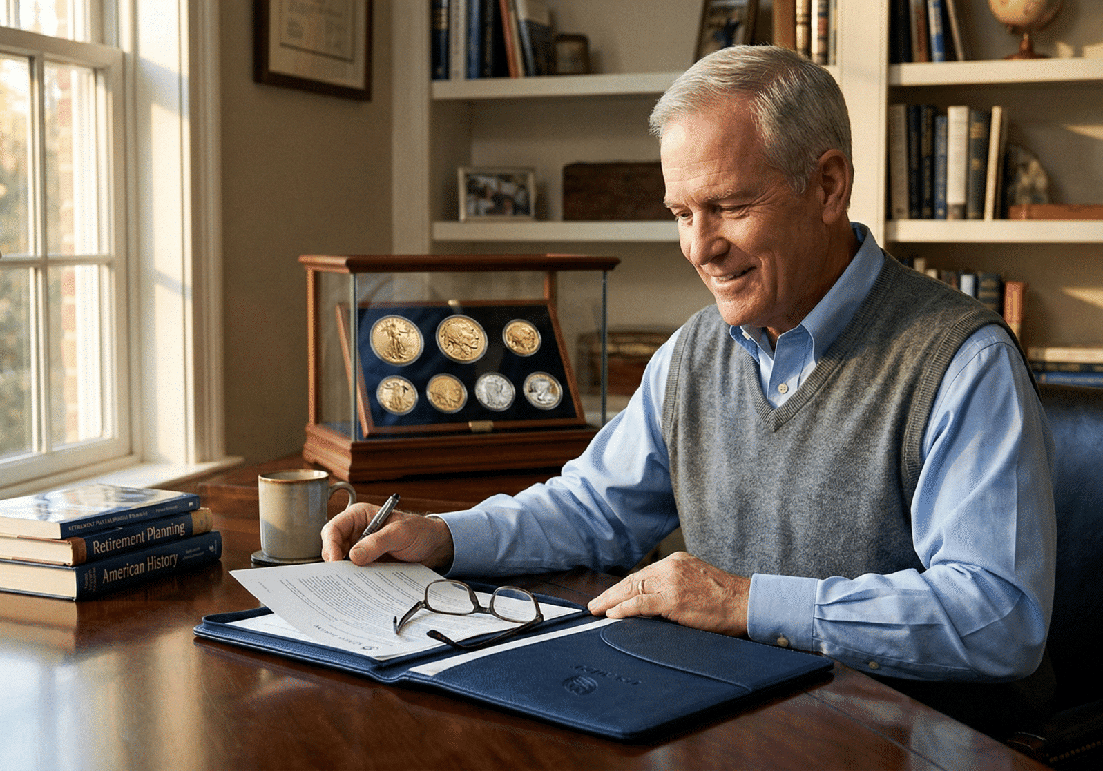 Retirement aged man reviewing gold coin options for IRA