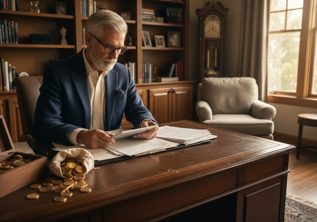 Retirement customer reviewing gold IRA distribution documents at home